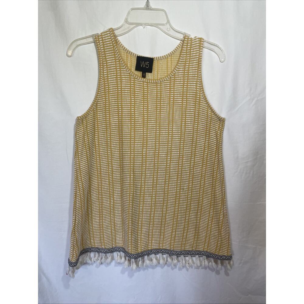 W5 Textured Knit Tank Top Gold Stripe Fringe Hem Small Boho Cottagecore Sz Small